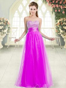 Customized Purple Tulle Lace Up Evening Dress Sleeveless Floor Length Beading