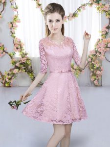 Discount Pink Lace Zipper Quinceanera Court of Honor Dress Half Sleeves Mini Length Belt