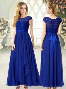 Dynamic Lace Evening Dress Royal Blue Zipper Cap Sleeves Ankle Length