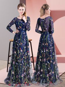Lovely Multi-color Evening Dress Prom and Party with Pattern Scoop Long Sleeves Sweep Train Zipper