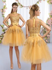 On Sale Knee Length Gold Quinceanera Dama Dress High-neck Cap Sleeves Zipper