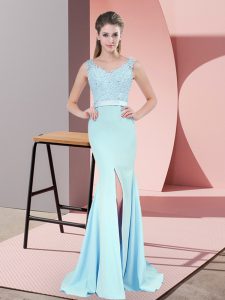 Zipper Prom Evening Gown Blue for Prom and Party and Military Ball with Beading and Lace Sweep Train