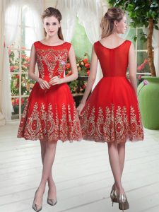 Red Zipper Evening Dress Beading and Appliques Sleeveless Knee Length