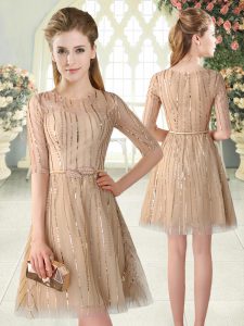 Fashion Champagne Zipper Scoop Sequins Homecoming Dress Tulle Half Sleeves