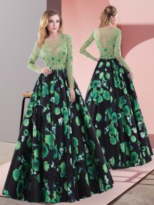 Long Sleeves Printed Floor Length Lace Up in Multi-color with Appliques