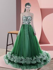 Fitting Green Prom Gown Sweetheart Sleeveless Sweep Train Lace Up