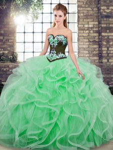 Sweetheart Sleeveless Sweet 16 Quinceanera Dress Sweep Train Embroidery and Ruffles Apple Green Tulle