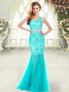 Top Selling Floor Length Zipper Prom Evening Gown Aqua Blue for Prom and Party with Beading and Lace
