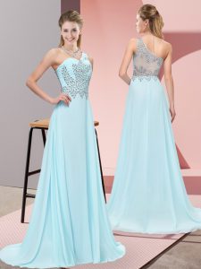 Baby Blue Sleeveless Chiffon Sweep Train Side Zipper Evening Dress for Prom and Party and Military Ball