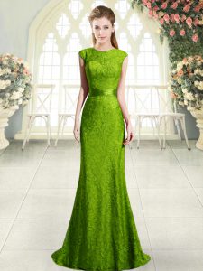 Dazzling Scoop Sleeveless Sweep Train Backless Beading and Lace Prom Party Dress in Green