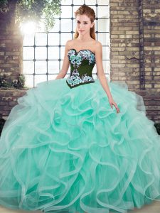 Sweetheart Sleeveless Tulle Quinceanera Dress Embroidery and Ruffles Sweep Train Lace Up