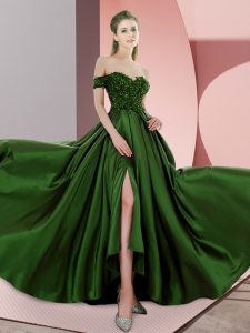 Cheap Sleeveless Elastic Woven Satin Sweep Train Backless Prom Gown in Green with Beading