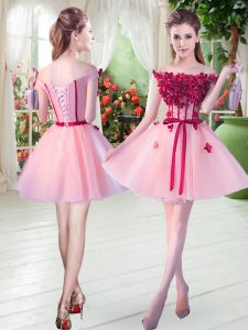 Beading and Appliques Prom Dresses Pink Lace Up Sleeveless Mini Length