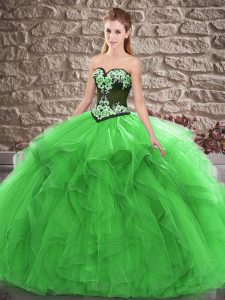 Superior Sweetheart Sleeveless Quinceanera Dresses Floor Length Beading and Embroidery Green Tulle