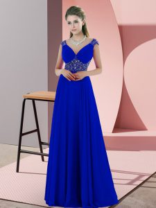 Blue Satin Backless Sleeveless Sweep Train Beading and Pick Ups