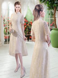 High-neck Short Sleeves Prom Dresses Tea Length Lace Champagne