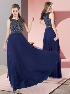 Noble Beading Prom Party Dress Navy Blue Zipper Sleeveless Floor Length
