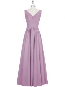 Purple Sleeveless Floor Length Ruching Zipper Prom Gown