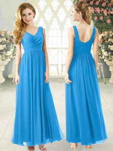 Blue V-neck Zipper Ruching Prom Dresses Sleeveless