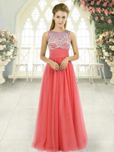 Romantic Scoop Sleeveless Prom Evening Gown Floor Length Beading Watermelon Red Tulle