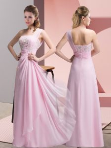 Captivating Floor Length Baby Pink Prom Gown One Shoulder Sleeveless Zipper