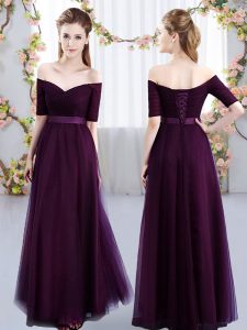 Tulle Off The Shoulder Short Sleeves Lace Up Ruching Quinceanera Court Dresses in Dark Purple