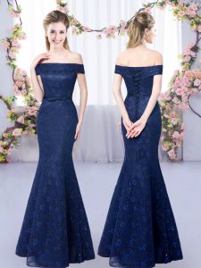 Navy Blue Lace Up Off The Shoulder Sleeveless Floor Length Court Dresses for Sweet 16 Lace