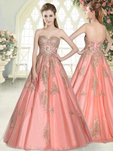 Fancy Appliques Prom Evening Gown Watermelon Red Lace Up Sleeveless Floor Length