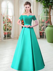 Satin Off The Shoulder Short Sleeves Lace Up Belt Prom Party Dress in Turquoise