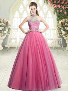Stylish Pink Tulle Zipper Halter Top Sleeveless Floor Length Homecoming Dress Beading
