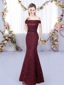 Fancy Burgundy Mermaid Lace Quinceanera Court of Honor Dress Lace Up Sleeveless Floor Length