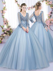 V-neck Long Sleeves Tulle Vestidos de Quinceanera Lace and Appliques Lace Up