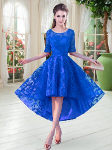 Latest Blue Zipper Prom Dress Lace Half Sleeves High Low