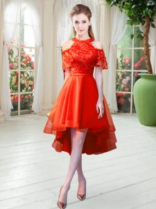 Rust Red Evening Dress Prom and Party with Lace High-neck Short Sleeves Zipper