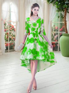 Lace Scoop Half Sleeves Lace Up Belt Prom Evening Gown in Green