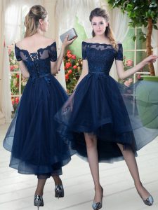 Navy Blue A-line Tulle Off The Shoulder Short Sleeves Lace High Low Lace Up Homecoming Dress