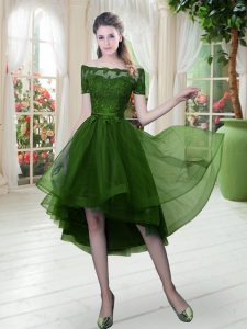 Custom Fit Tulle Short Sleeves High Low Evening Dress and Lace