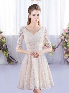 Champagne V-neck Neckline Lace Quinceanera Court of Honor Dress Half Sleeves Lace Up
