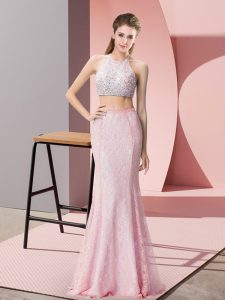 Floor Length Two Pieces Sleeveless Pink Dress for Prom Backless
