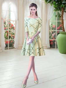 High Quality Yellow Green Scoop Lace Up Ruching Prom Dress Half Sleeves