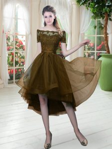 Pretty Short Sleeves Tulle High Low Lace Up Prom Dress in Brown with Lace
