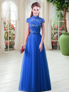 Modest A-line Prom Dresses Royal Blue High-neck Tulle Cap Sleeves Floor Length Lace Up