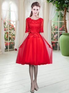 Dazzling Red Half Sleeves Lace Knee Length Prom Party Dress