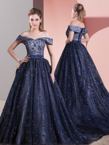 Graceful Navy Blue Sleeveless Court Train Beading Dress for Prom