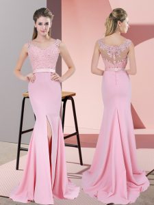 High End Chiffon V-neck Sleeveless Sweep Train Zipper Lace and Appliques Homecoming Dress in Baby Pink