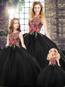 Black Zipper Quinceanera Gown Embroidery Sleeveless Floor Length