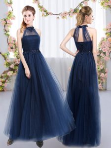 Wonderful Navy Blue Sleeveless Appliques Floor Length Vestidos de Damas