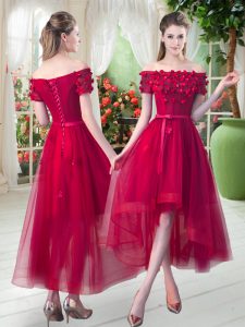 Attractive High Low Lace Up Prom Dresses Red for Prom and Party with Appliques
