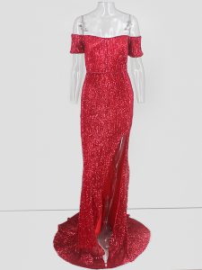 Artistic Red Off The Shoulder Neckline Sequins Prom Party Dress Short Sleeves