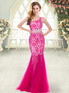 Floor Length Mermaid Sleeveless Hot Pink Prom Evening Gown Zipper